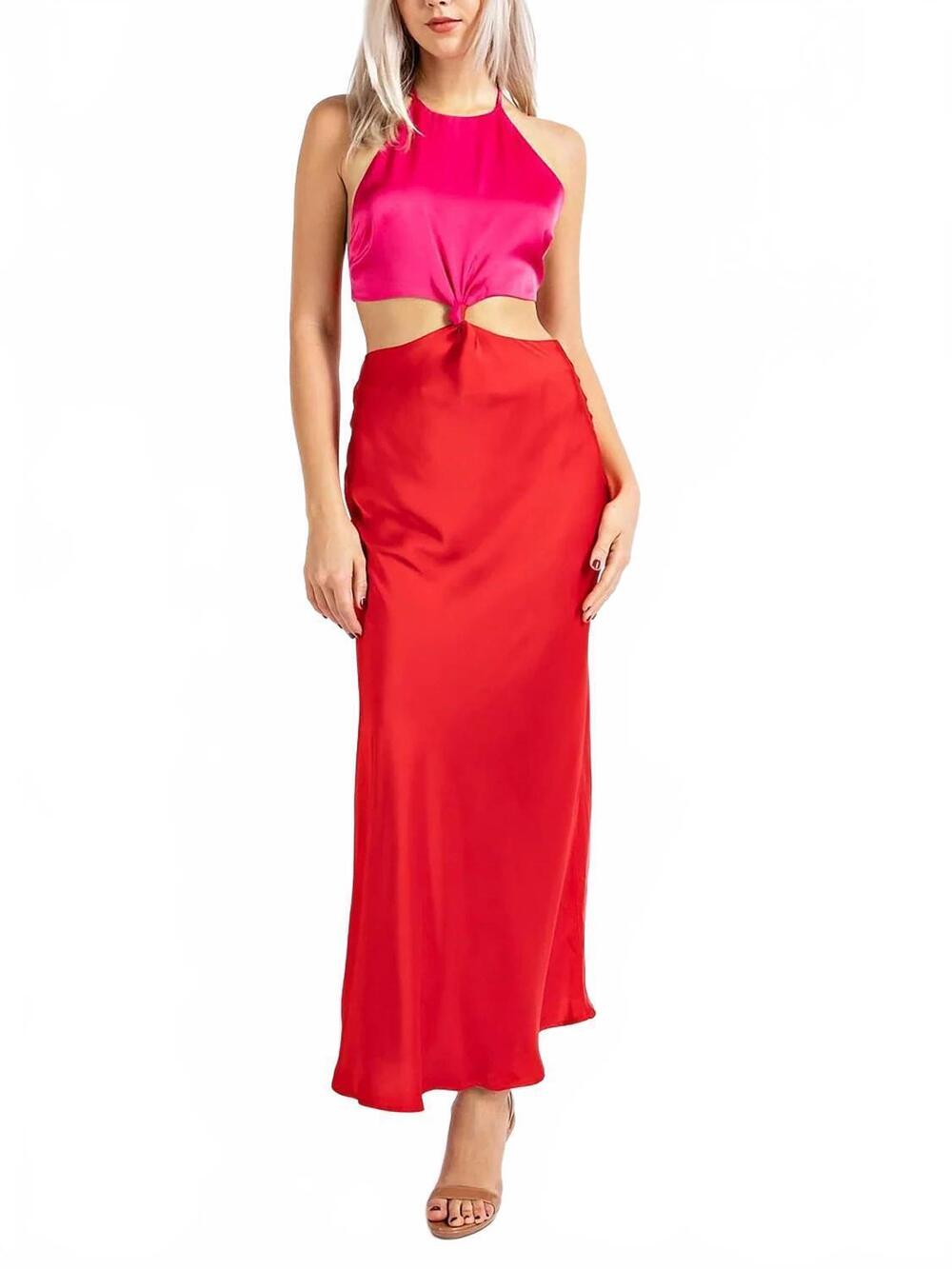 NEW EDIT BY NINE color block satin cutout mock neck maxi dress in pink